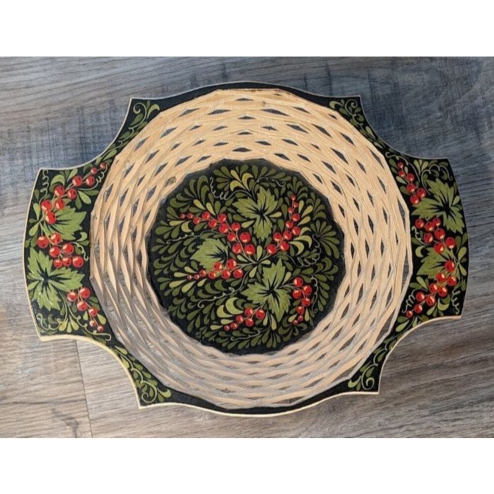 Handmade Wooden Bowl Basket w/Handles Russian Romanian Hand Painted Folk Art 9"